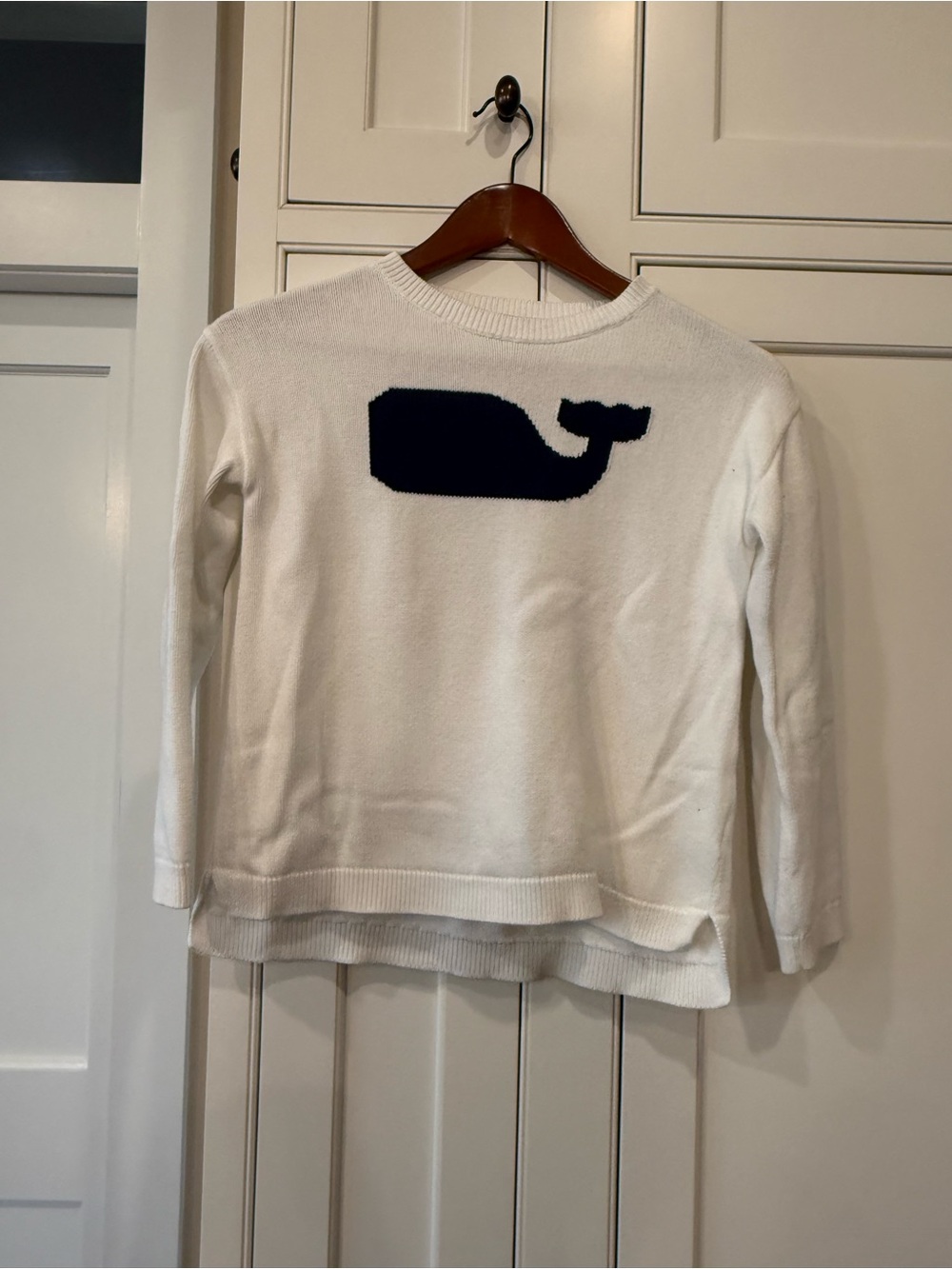 Girls' White Crewneck Vineyard Vines Sweater with Navy Whale
